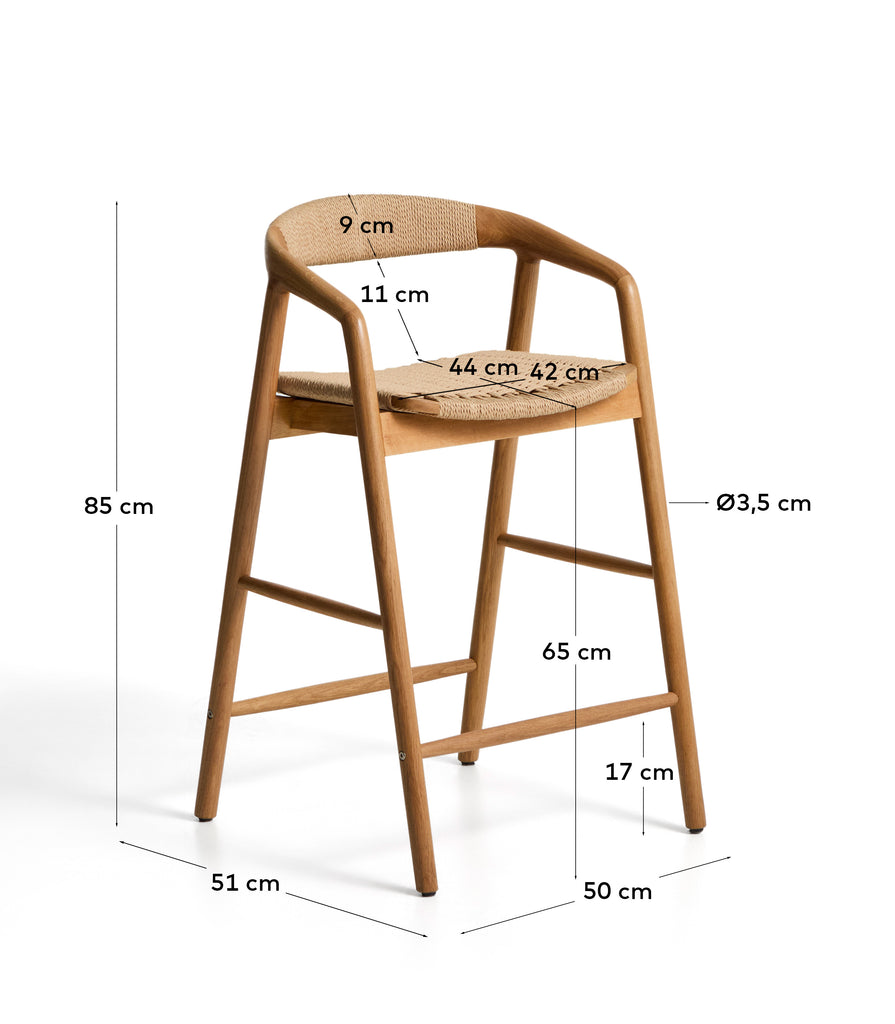 Tabouret Derile en bois de chêne avec finition ton naturel et corde en papier beige FSC Mix Credit 65 cm