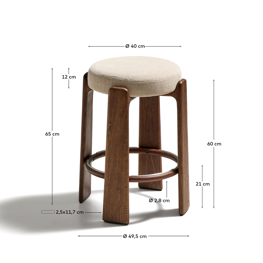 Tabouret Granite en tissu chenille beige et bois de frêne avec finition ton noyer FSC 100 % 65 cm