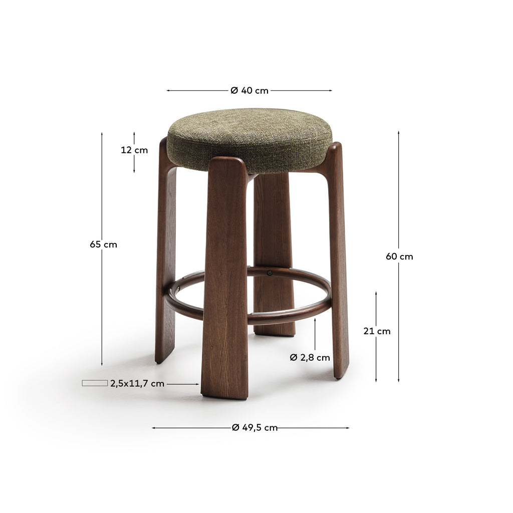 Tabouret Granite en tissu chenille verte et bois de frêne avec finition ton noyer FSC 100 % 65 cm