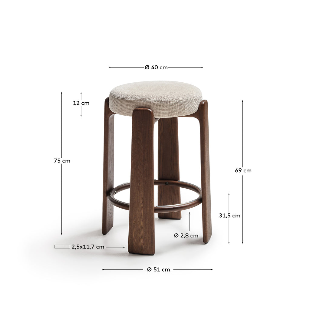 Tabouret Granite en tissu chenille beige et bois de frêne avec finition ton noyer FSC 100 % 75 cm