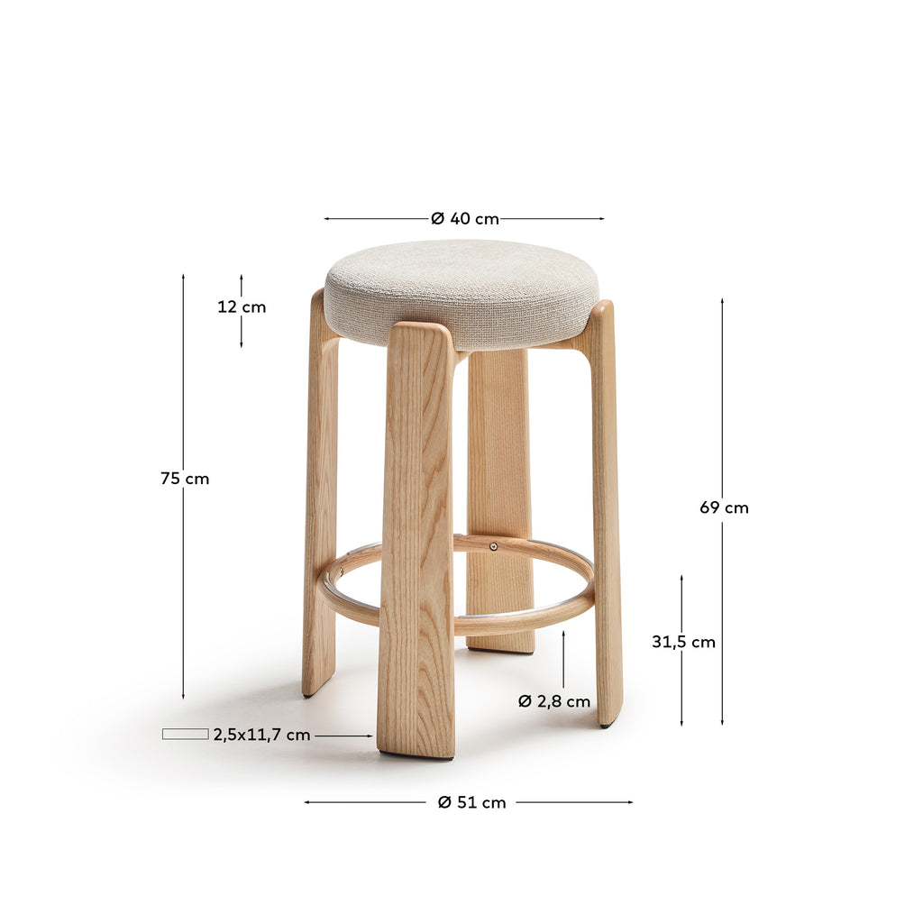 Tabouret Granite en tissu chenille beige et bois de frêne avec finition ton naturel FSC 100 % 75 cm
