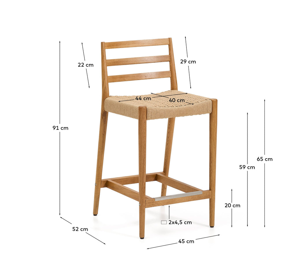 Tabouret Analy avec dossier en bois de chêne massif, finition ton naturel, et assise en corde, 65 cm, FSC Mix Credit