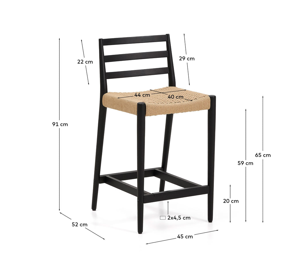 Tabouret Analy avec dossier en bois de chêne massif, finition noire, et assise en corde, 65 cm, FSC Mix Credit