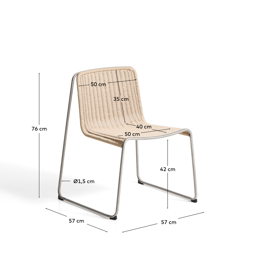 Chaise empilable Tavari en corde synthétique beige et acier inoxydable AISI 304 effet brossé