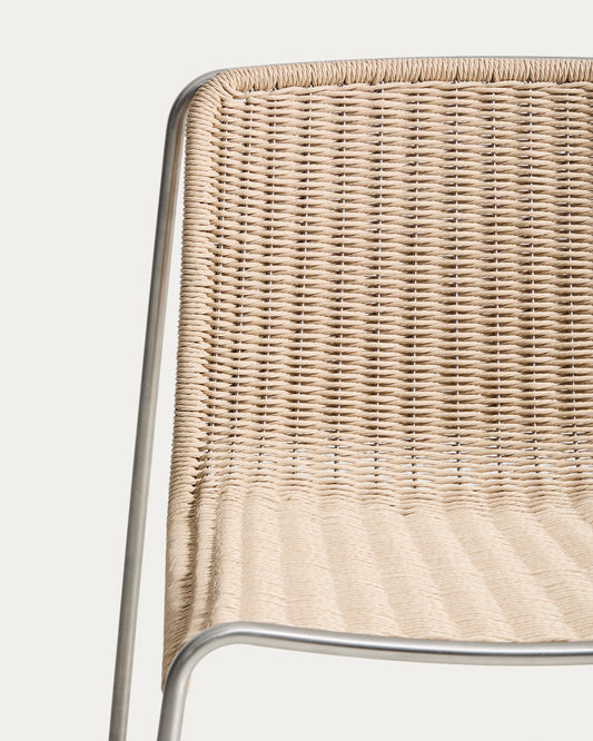 Chaise empilable Tavari en corde synthétique beige et acier inoxydable AISI 304 effet brossé