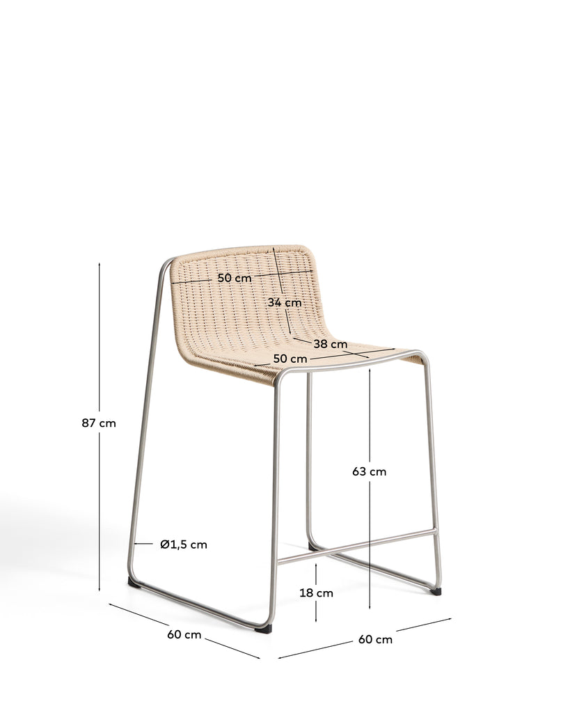 Tabouret empilable Tavari en corde synthétique beige et acier inoxydable AISI 304 effet brossé 65 cm