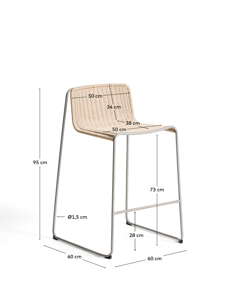 Tabouret empilable Tavari en corde synthétique beige et acier inoxydable AISI 304 effet brossé 75 cm