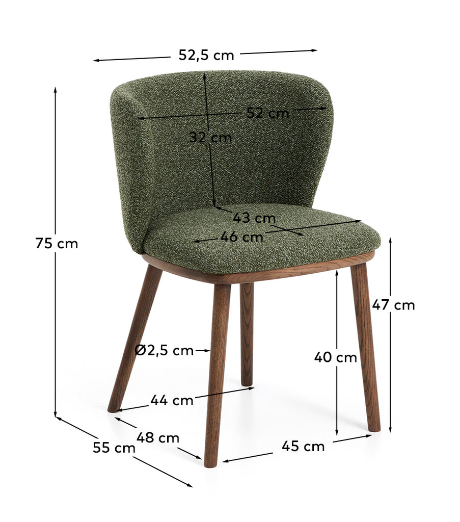 Chaise Ciselia en chenille épaisse vert foncé et pieds en bois de frêne avec finition ton noyer FSC Mix Credit