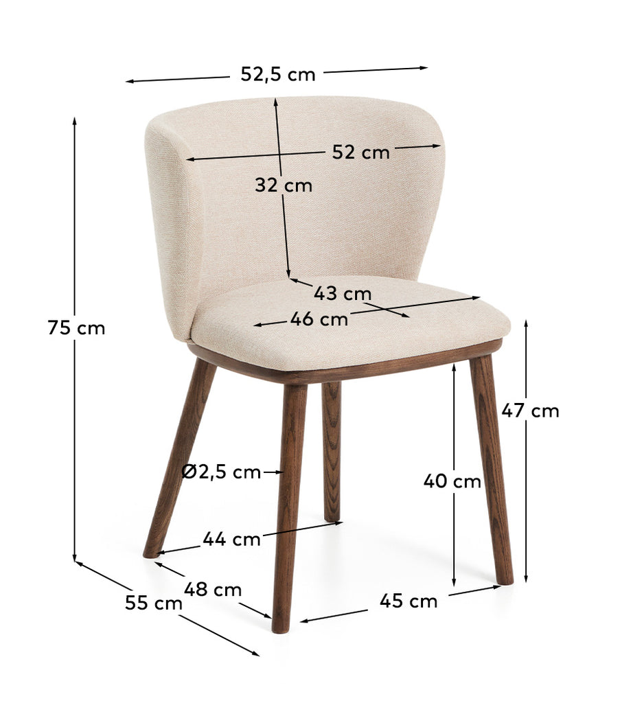 Chaise Ciselia en chenille épaisse beige et pieds en bois de frêne avec finition ton noyer FSC Mix Credit