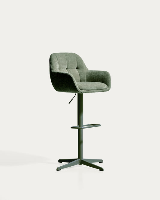 Tabouret pivotant Dorina en chenille verte avec pieds en acier finition verte