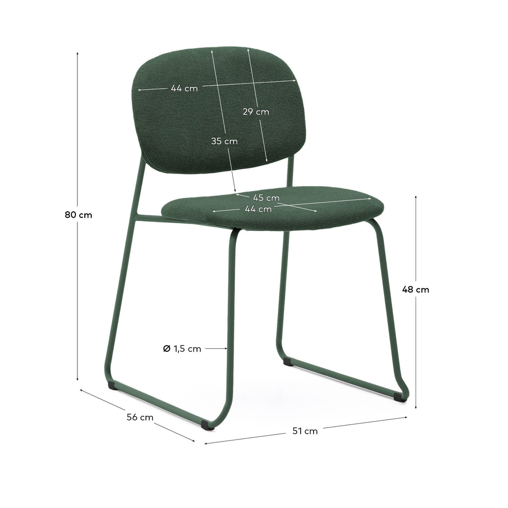 Chaise empilable Meli en chenille verte et pieds en métal vert FSC Mix Credit