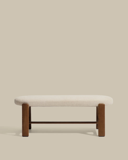 Banc Granite en chenille beige et bois de frêne avec finition ton noyer 120 cm FSC 100 %