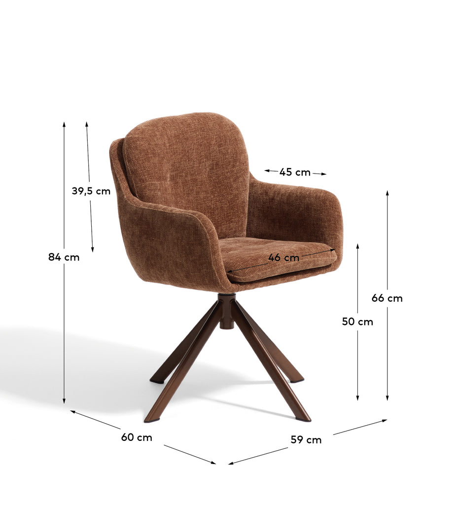 Chaise pivotante Lexa en tissu chenille caramel et pieds en acier finition caramel