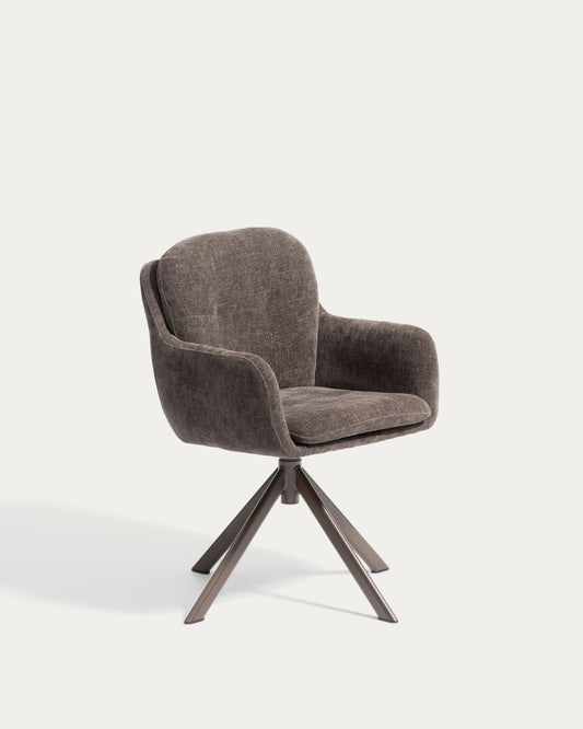 Chaise pivotante Lexa en tissu chenille marron et pieds en acier finition marron