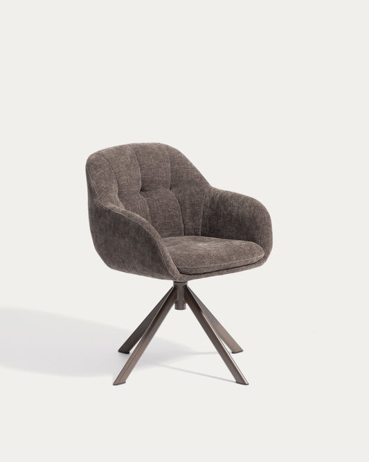 Chaise pivotante Dorina en tissu chenille marron et pieds en acier finition marron
