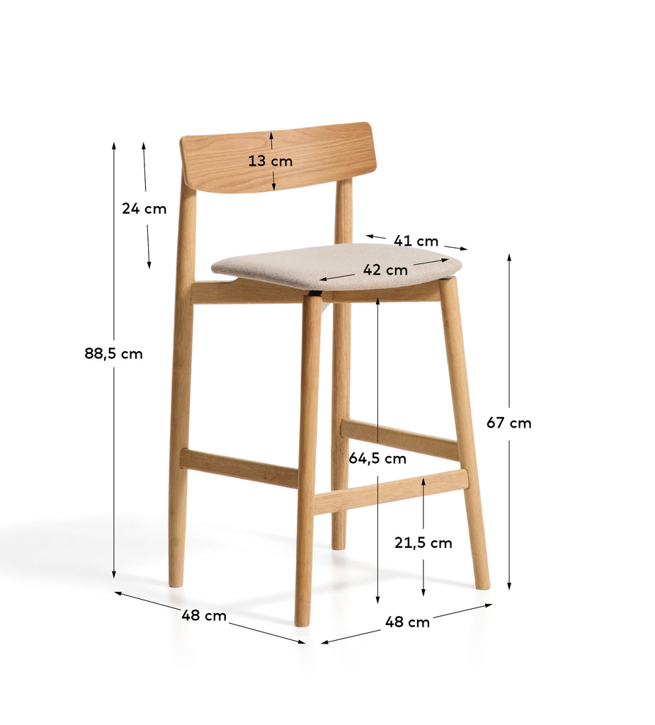 Tabouret Evera avec dossier en placage de chêne avec finition ton naturel et chenille beige 65 cm