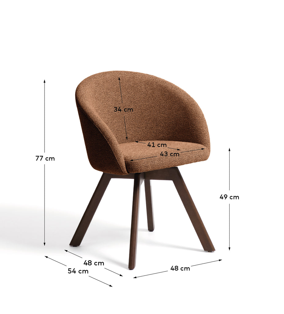 Chaise giratoire Marvin en chenille terracotta et pieds en bois de chêne finition noyer FSC 100%