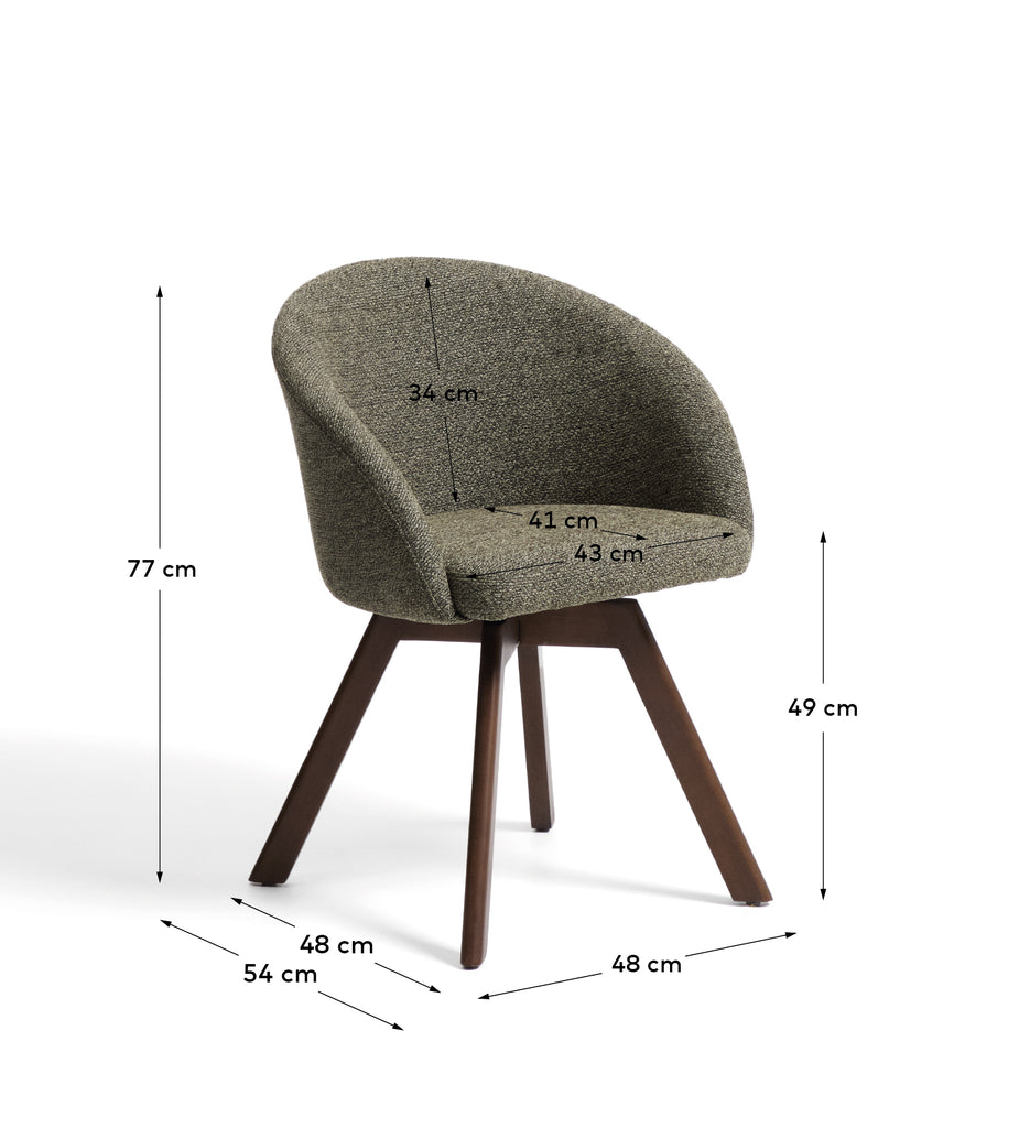 Chaise giratoire Marvin en chenille verte et pieds en bois de chêne finition noyer FSC 100%