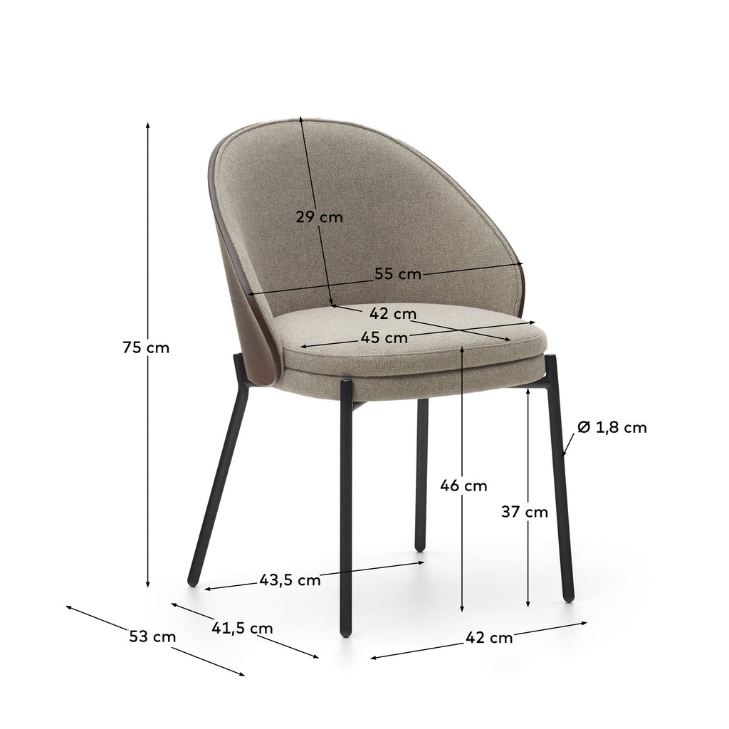Chaise Eamy en chenille marron clair avec placage de frêne finition noyer et métal noir