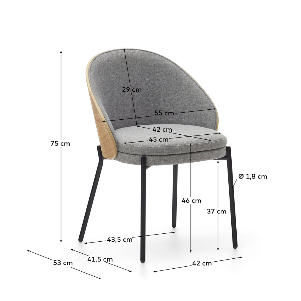 Chaise Eamy en tissu chenille gris clair placage de frêne naturel et métal finition noire