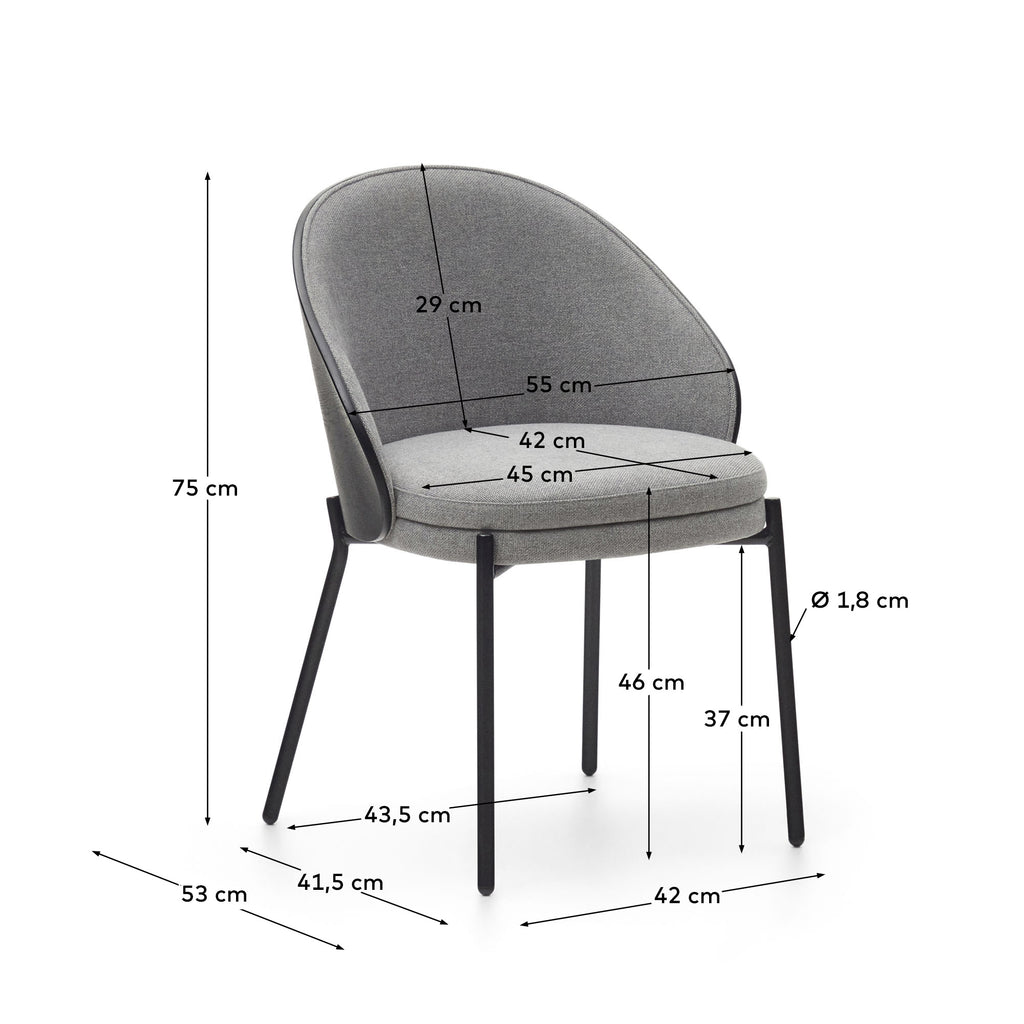 Chaise Eamy en tissu chenille gris clair placage de frêne finition noire et métal noir