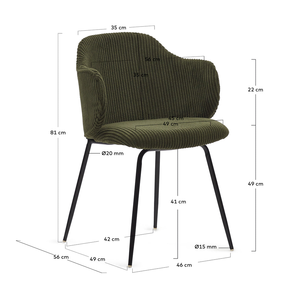 Chaise Yunia en velours grosses côtes vert avec pieds en acier finition peinture noire FSC 100%