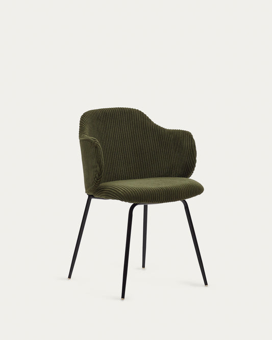 Chaise Yunia en velours grosses côtes vert avec pieds en acier finition peinture noire FSC 100%