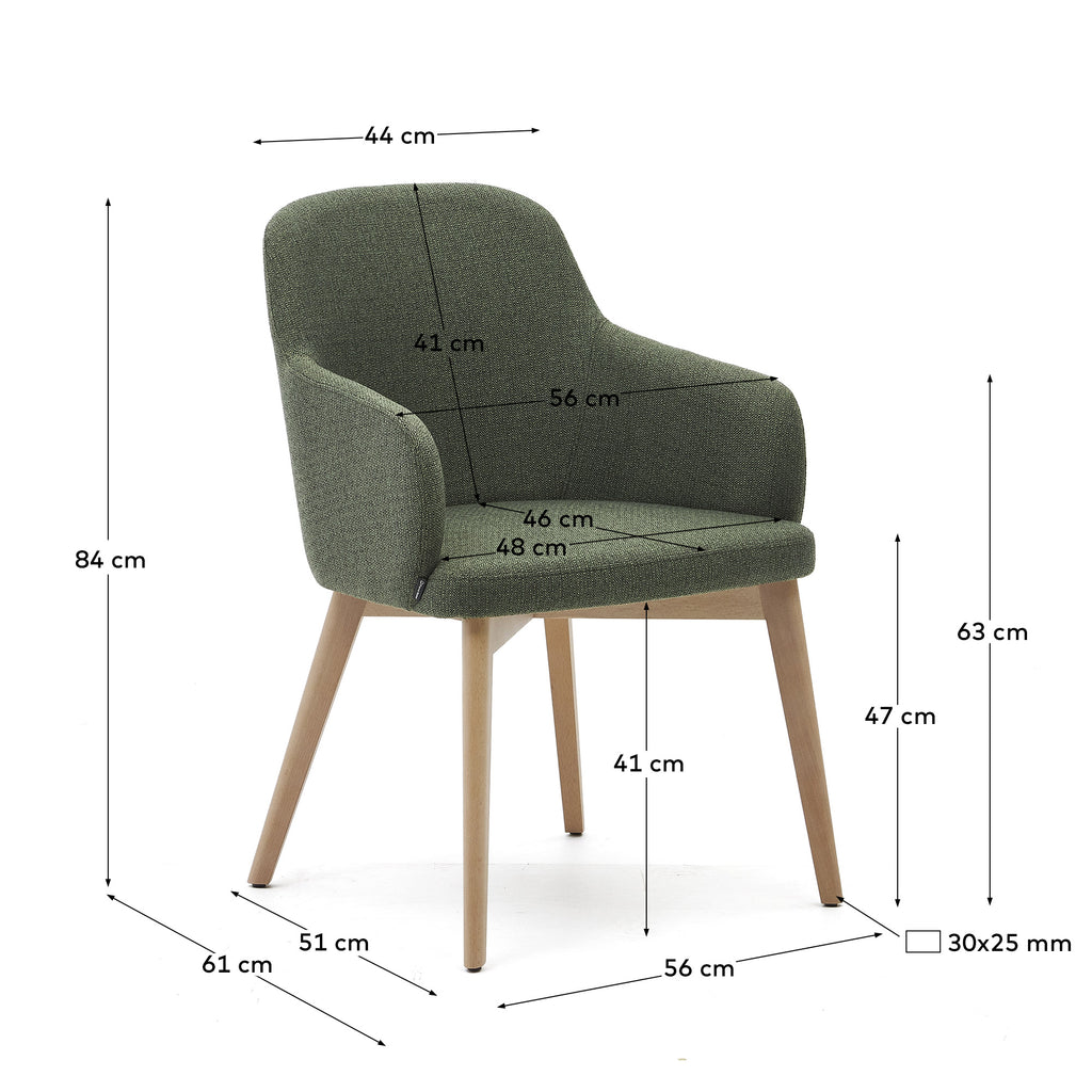 Chaise Nelida en tissu chenille vert et bois de hêtre, finition naturelle FSC 100 %