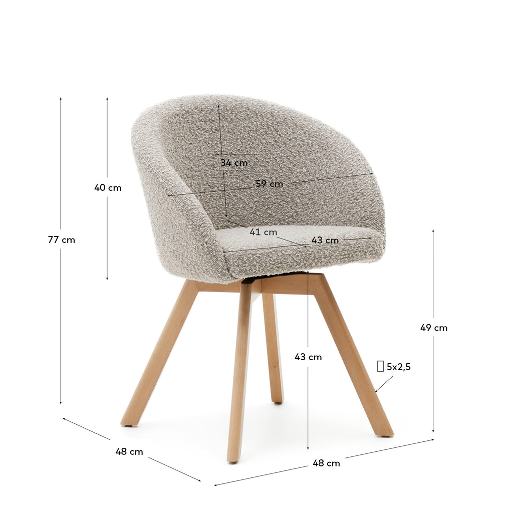 Chaise giratoire Marvin bouclette gris et pieds en bois de chêne finition naturelle FSC 100%