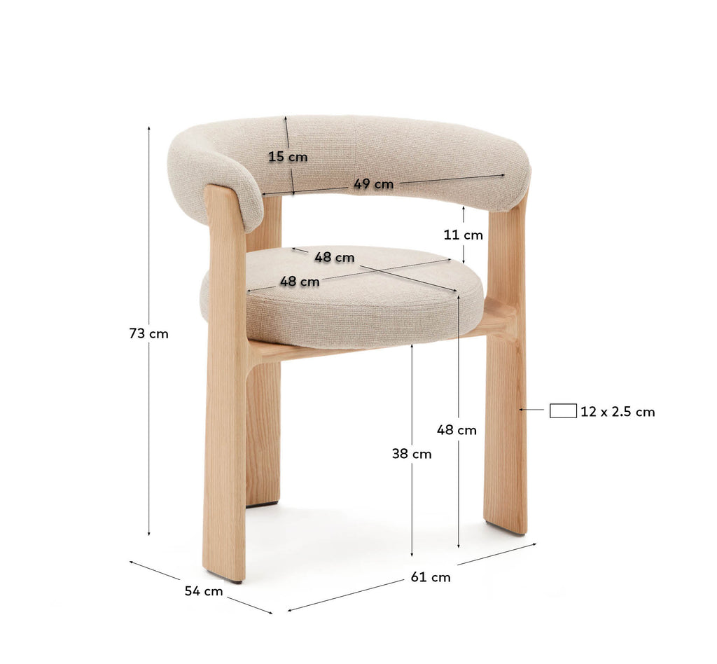 Chaise Granite à 3 pieds en tissu chenille beige et bois de frêne finition ton naturel FSC 100%