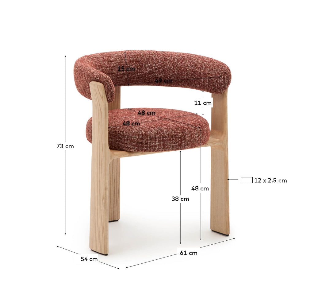 Chaise Granite à 3 pieds en chenille terracotta et bois de frêne finition ton naturel FSC 100%