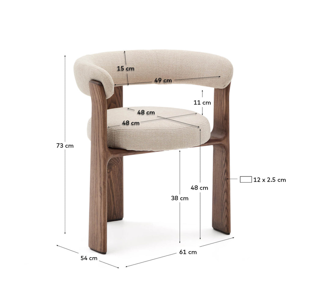 Chaise Granite à 3 pieds en tissu chenille beige et bois de frêne finition noyer FSC 100%