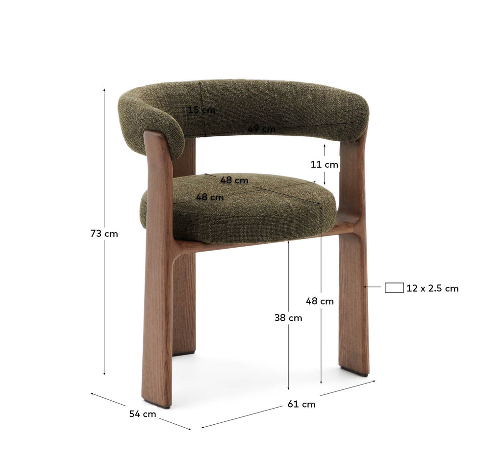 Chaise Granite à 3 pieds en tissu chenille vert et bois de frêne finition noyer FSC 100%