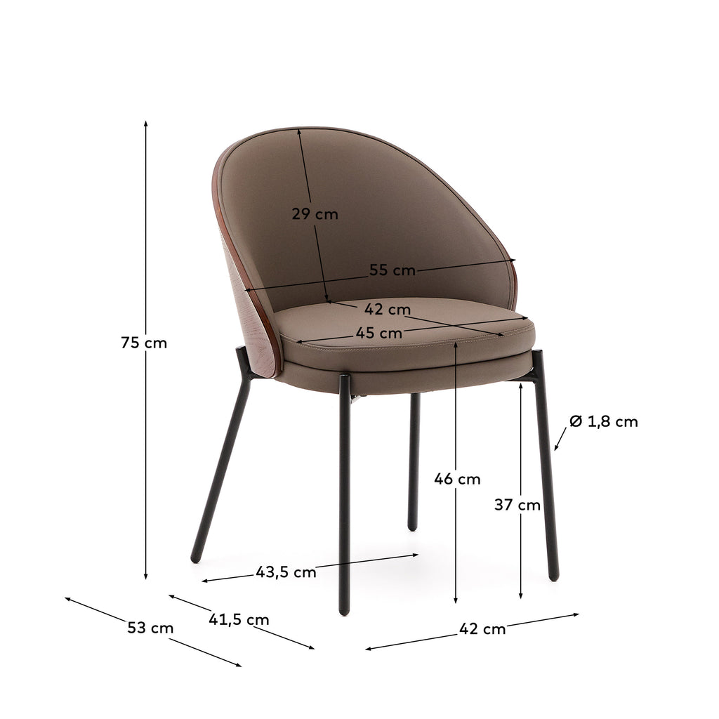 Chaise Eamy en polyuréthane marron, placage de frêne avec finition noyer et métal noir