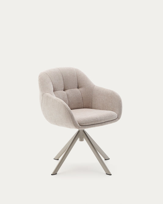 Chaise pivotante Dorina en tissu chenille beige et pieds en acier finition beige