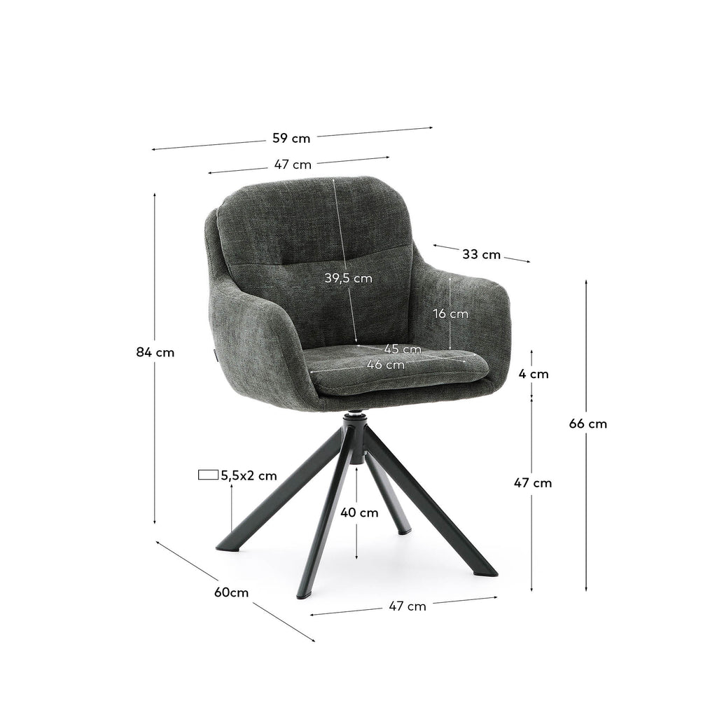 Chaise pivotante Lexa en tissu chenille vert et pieds en acier finition verte