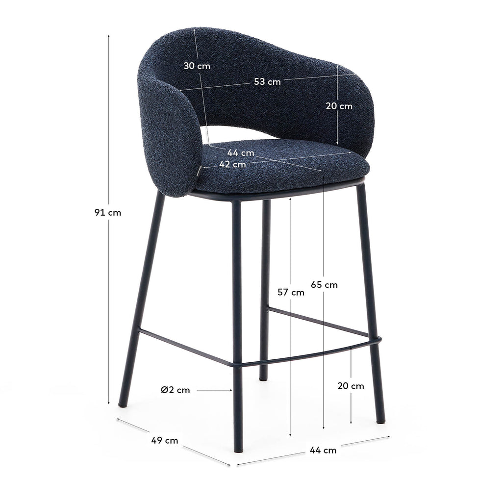 Tabouret Maina en chenille bleue et pieds en acier finition bleue FSC Mix Credit 65 cm