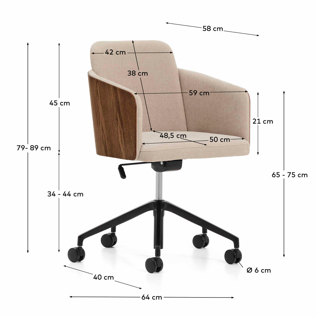Chaise de bureau Madai en chenille marron et placage de frêne avec finition noyer FSC Mix Credit