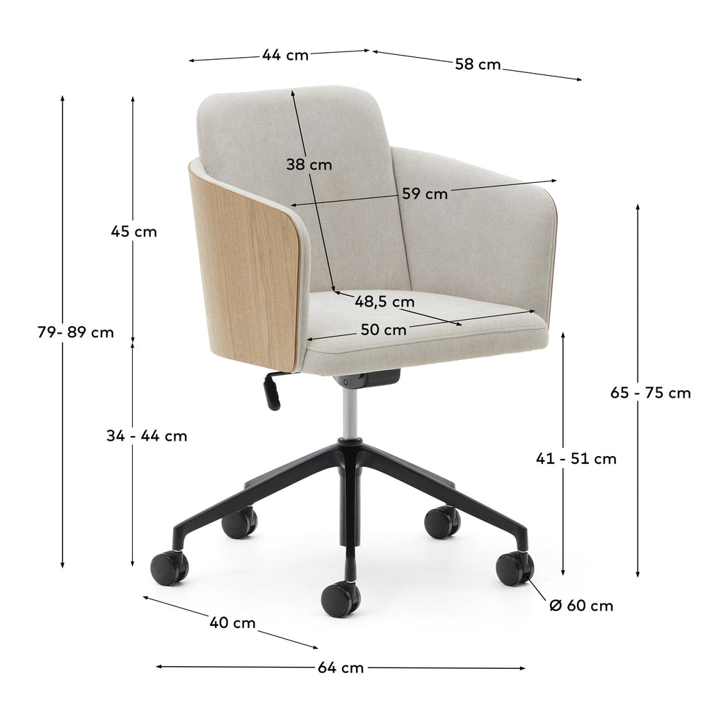 Chaise de bureau Madai en chenille beige et placage de frêne avec finition ton naturel FSC Mix Credit