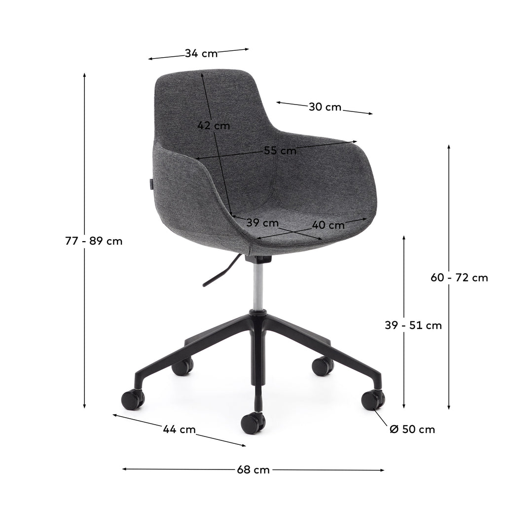 Chaise de bureau Tissiana gris foncé et aluminium avec finition noire.