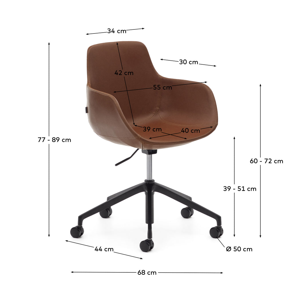 Chaise de bureau Tissiana en polyuréthane marron et aluminium avec finition noire mate