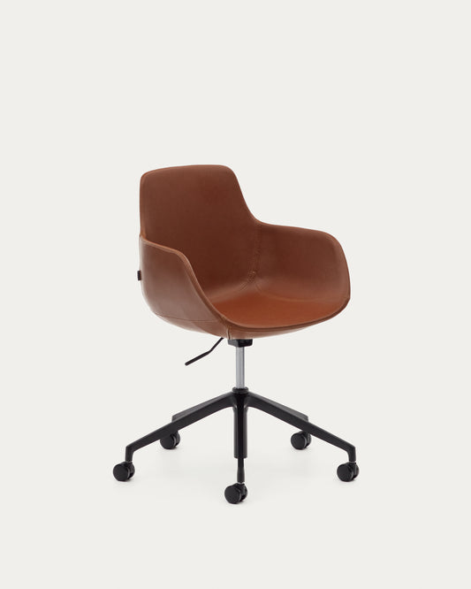 Chaise de bureau Tissiana en polyuréthane marron et aluminium avec finition noire mate