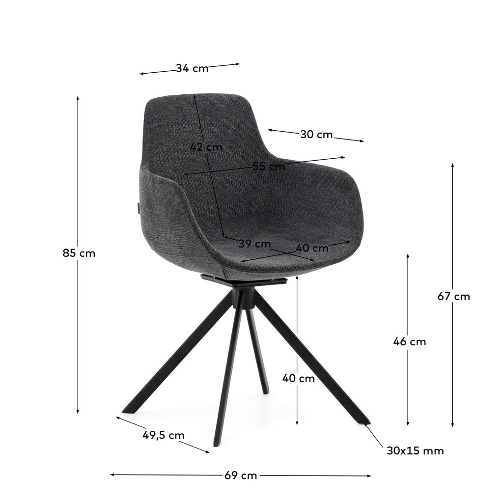 Chaise giratoire auto-retour  Tissiana en chenille gris foncé et aluminium noir mat