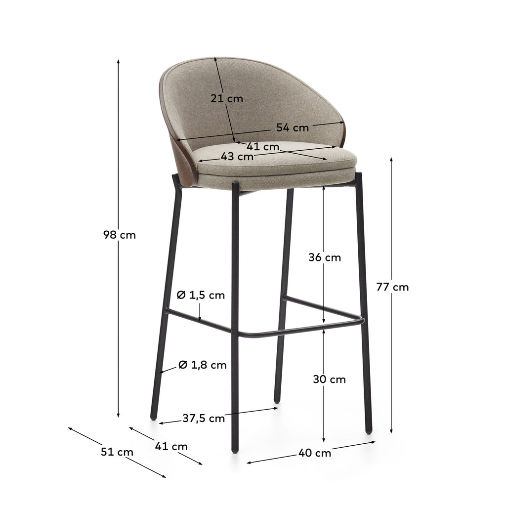 Tabouret Eamy en tissu chenille marron clair placage de frêne finition noyer et métal noir 77 cm