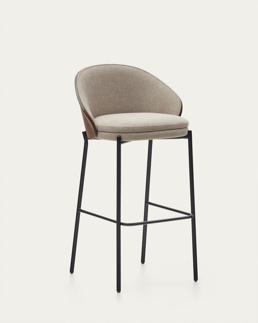 Tabouret Eamy en tissu chenille marron clair placage de frêne finition noyer et métal noir 77 cm