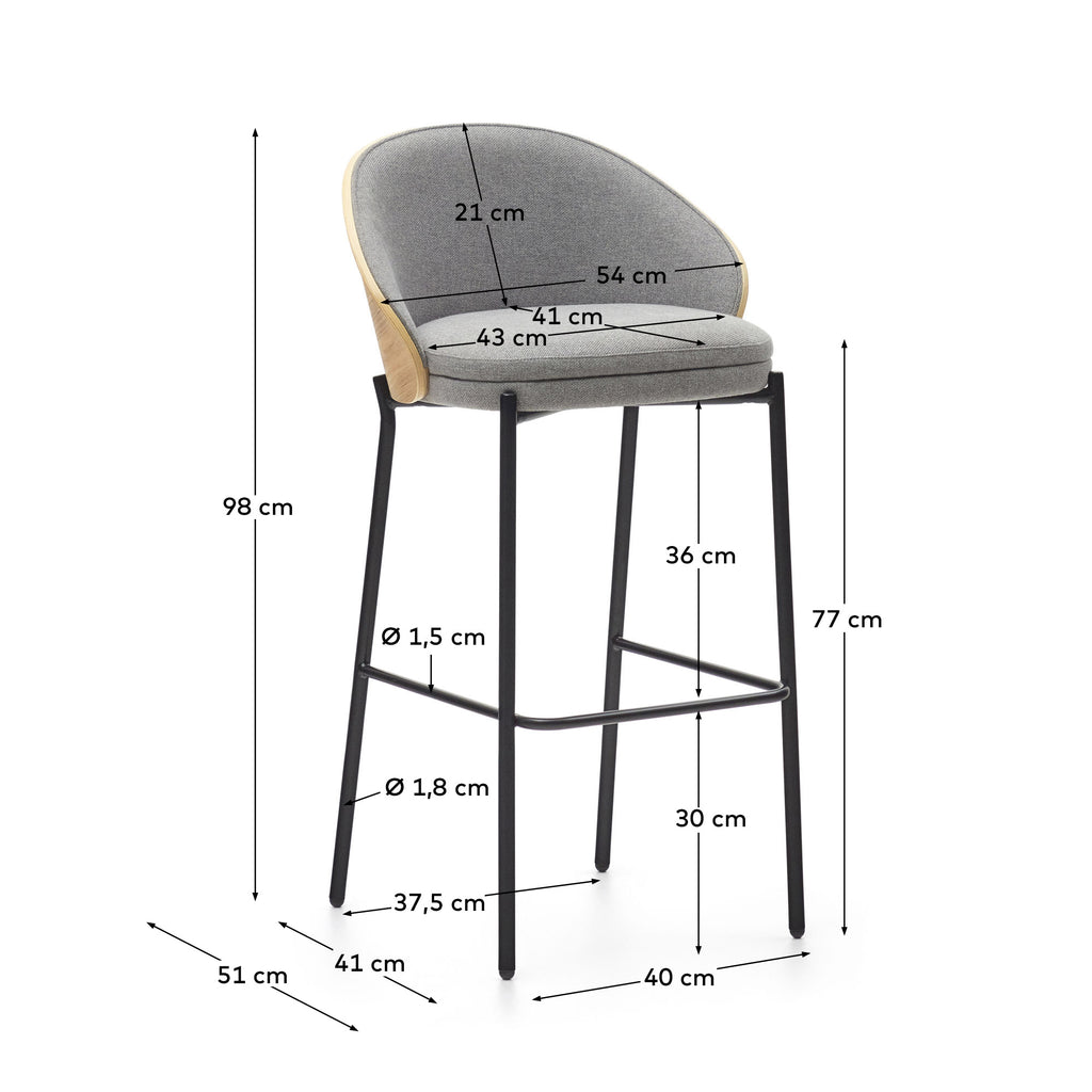 Tabouret Eamy en tissu chenille gris clair placage de frêne naturel et métal noir hauteur 75 cm
