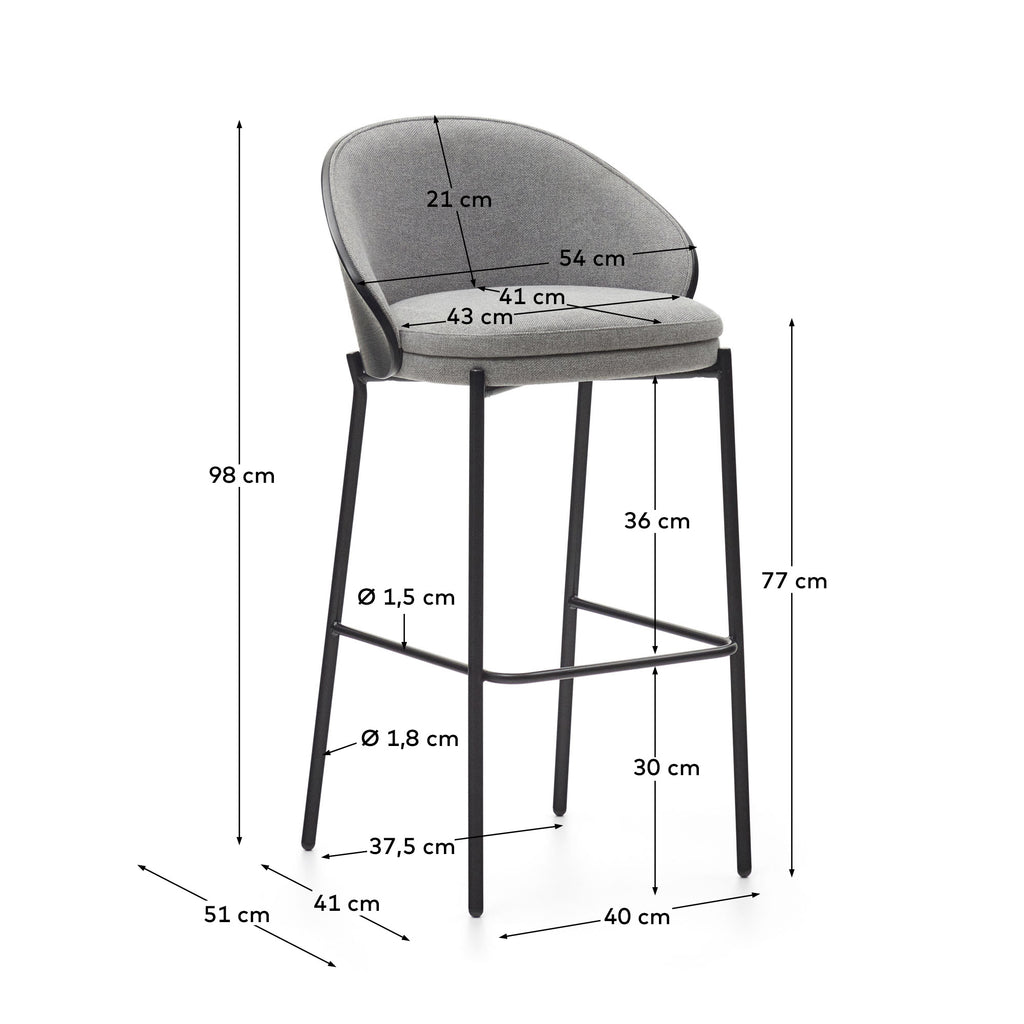 Tabouret Eamy en gris clair placage de frêne finition noire et métal noir hauteur 77 cm