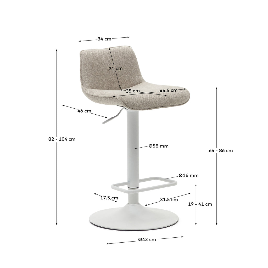 Tabouret Zenda en chenille beige et acier blanc mat 81-102 cm FSC 100%