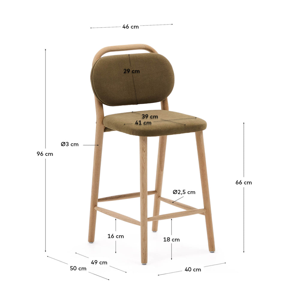 Tabouret Helda en chenille verte et bois de chêne FSC Mix Credit 65 cm