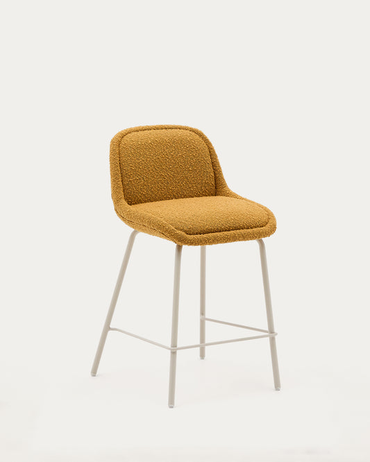 Tabouret Aimin en tissu bouclette moutarde et pieds en acier finition beige 65 cm FSC Mix Credit